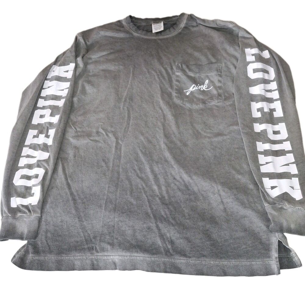 Victorias Secret PINK Top Logo Long Sleeve Pocket T-Shirt Faded Gray S
